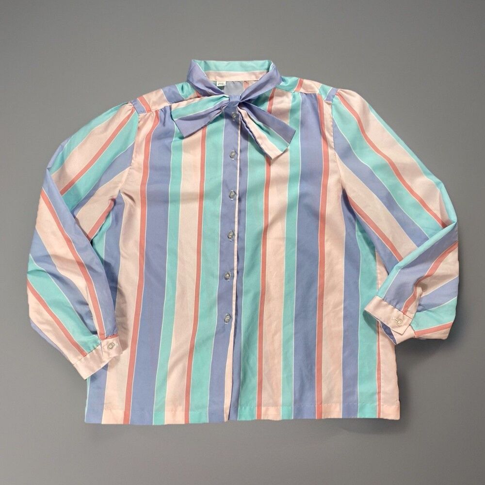 Vtg 80s John Weitz Pastel Stripe Blouse With A Bow Women’s Large Made In USA